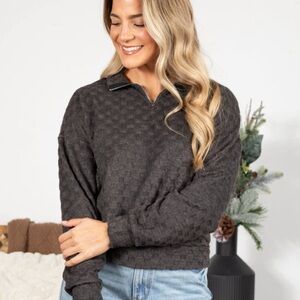 Women's Dark Gray Fuzzy Checkered 1/4 Zip